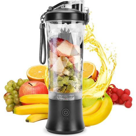 Extracteur de jus portable de 600 ml, 18 000 tr/min, six lames, mixeur personnel pour smoothies et milkshakes, avec gobelet mélangeur, noir (1/5)