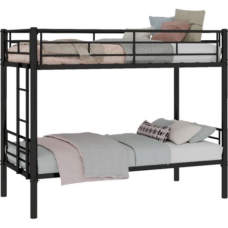 Doppelstockbett aus schwarzem Metall 90 x 190 cm, umbaubar in 2 Einzelbetten mit Leiter und Geländer (1/5)