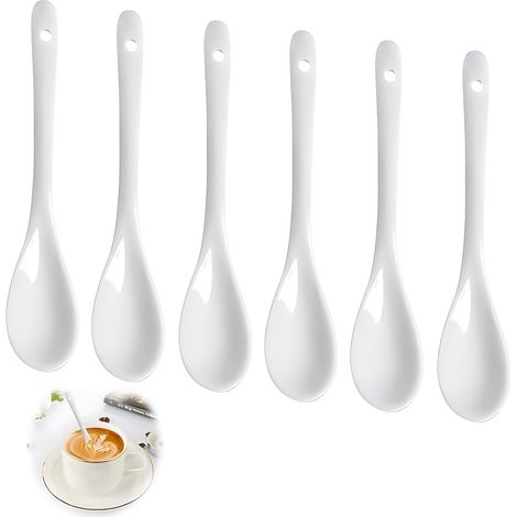 Cuillère En Céramique - Lot De 6 - Porcelaine Blanche - Long Manche - Pour Oeuf Café Dessert - 12cm (1/5)