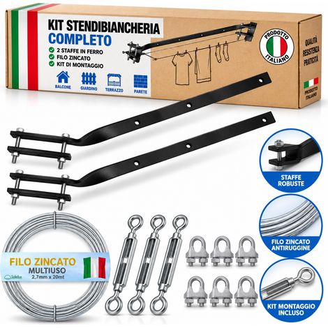 Set Stendibiancheria da Balcone con 2 Staffe da 60cm in Ferro, Filo 20 Metri e Kit di Montaggio Incluso - SET: CON FILO ZINCATO (1/5)