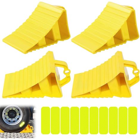 Lot de 4 cales de roue avec poignées, en plastique jaune avec 10 autocollants réfléchissants, cales de roue antidérapantes, en plastique jaune, pour voiture, caravane, camping-car, moto (1/5)
