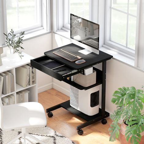 Établi PC avec tiroir coulissant, 2 étagères et 4 roulettes, en bois et métal, 56x51x79 cm, noir (1/5)