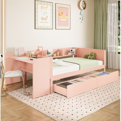 MEUBLIV Struttura letto 90x200 cm rosa con scrivania e vani contenitore, senza materasso (1/5)