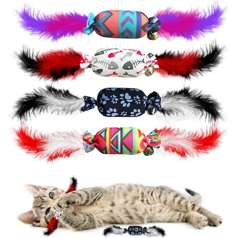 Juguetes para gatos Candy Feather Bell, paquete de 4 juguetes para gatos de interior con plumas y cascabeles, juguete interactivo para gatitos para jugar, morder y masticar, ideal para combatir el abu
