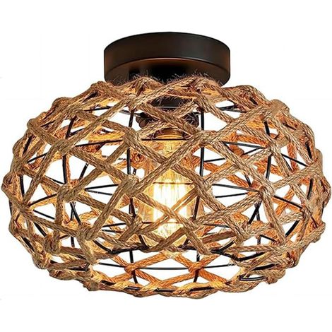 Plafonnier vintage rotin et métal, Suspension bohème avec abat-jour en osier tressé – Douille E27 – Style industriel rustique pour salon, chambre, couloir – Luminaire de plafond décoratif – Sans ampou (1/5)