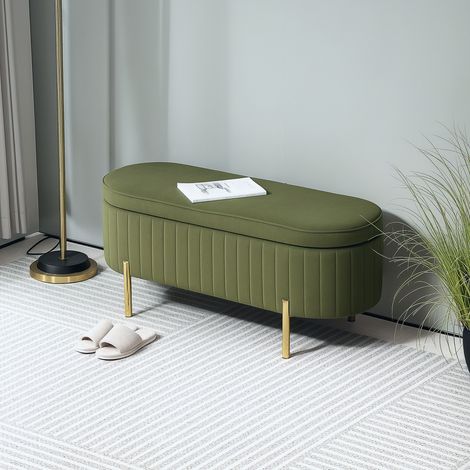 Banquette avec couvercle articulé et espace de rangement, vert foncé+or, métal, bois, housse en tissu