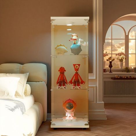 Vitrina de vidrio, con LED, 3 estantes, armario de presentación para salón, vitrina para colección, 125 x 42 x 36cm, blanco