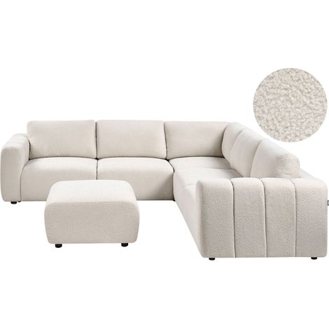 Divano modulare lato sinistro a 5 posti con pouf bouclè bianco sporco Kivvik (1/5)