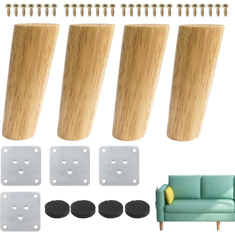 Lot de 4 Pieds de Meuble en Bois Oblique Pieds de Table en Bois Conique Massif 12 cm Pieds de Canapé de Rechange avec Vis et Protecteur antidérapant pour Meuble TV Armoire Meuble Sofa Fauteuil Lit (1/5)