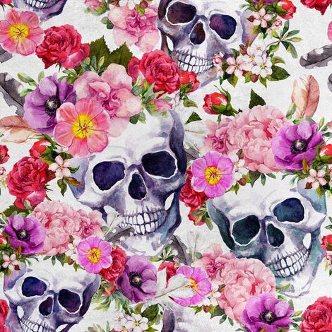 Tela de terciopelo real de poliéster para costura - Motivo de calaveras con flores 3 (1/5)