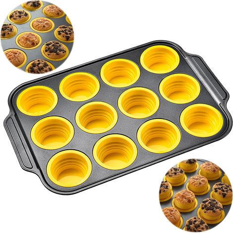 Teglia per muffin in silicone, 12 cavità, con griglia in metallo, antiaderente per un facile rilascio, ideale per cuocere muffin, pane, cupcake e bocconcini di uova fatti in casa. Senza BPA.