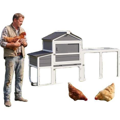 Gallinero con capacidad para 4 a 6 gallinas, 205 cm x 65 cm x 107,5 cm, bandeja extraíble para facilitar la limpieza, asa telescópica para mayor movilidad, diseño modular ampliable. (1/5)