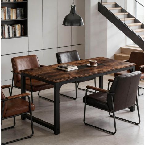 Table de comedor rectangular de metal y madera negro y marrón rústico para 6-8 personas (1/5)