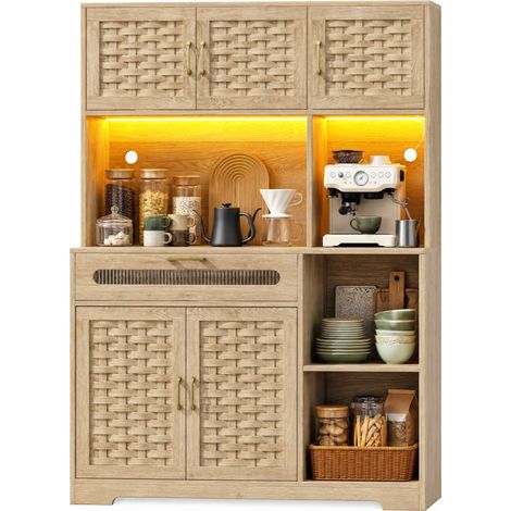 Haut buffet de cuisine 120 x 40 x 180 cm avec LED connectée, portes en verre tressé, étagères réglables et anti-basculement - CHICFURN (1/5)