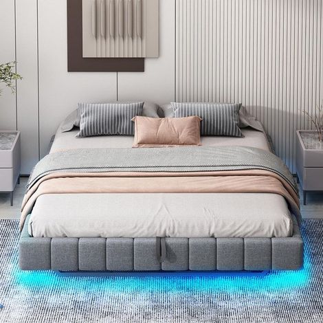 Lit coffre 180x200 cm - GUTENT - Cadre flottant - Rangement sous le lit - Éclairage LED - Métal gris