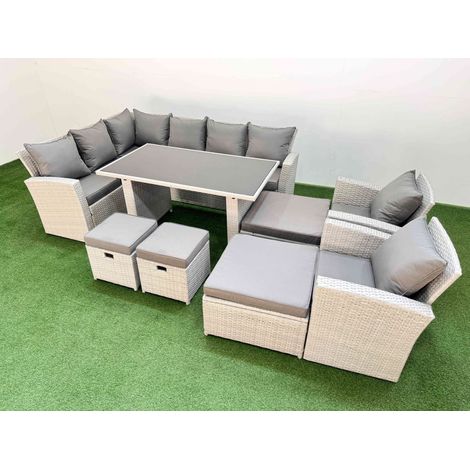 Fimous 12 Seater Wicker Rattan Corner Sofa Sets Outdoor Garden Furniture Sets with Rectangular Dining Table Lounge Sofa 4 Footstools Light Grey (1/5)
