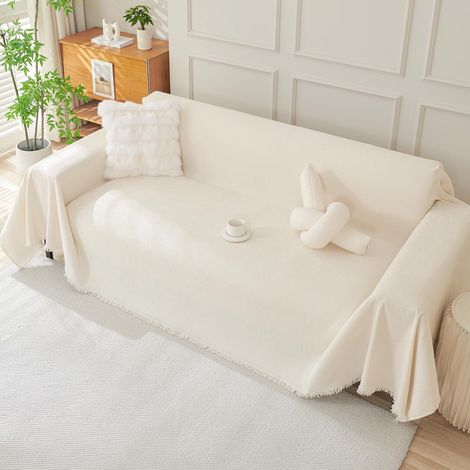 Housse pour canapé d'angle, 2/3 places, en velours corail beige, avec franges décoratives, infroissable (beige clair, 180 x 300 cm) (1/5)