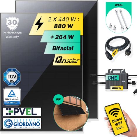 ROBINSUN®️ Kit Solar Enchufable Performance Wall 880 Wp, 2 paneles QN 440Wp + 1 Microinversor 800W con Wifi incluído + Cable 3m + 2 Fijaciones 60º (1/5)