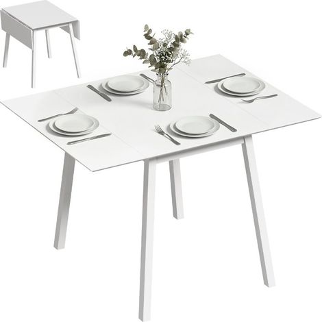 Table à manger pliable en bois massif, table rectangulaire blanche à abattant pour 2 à 4 personnes, idéale pour petits espaces
