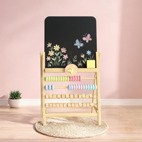 Tableau enfant double face bois clair naturel avec horloge (1/5)