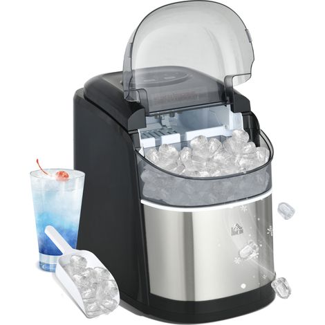 Homcom – Machine à glaçons 12kg/jour – 9 glaçons en 6-12 min – Réservoir 1,7L – Acier inoxydable – Silencieuse 43db – Compacte 24,2x35,3x33cm