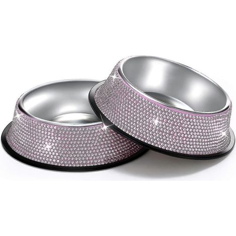 Glänzender Edelstahl-Futternapf mit Strasssteinen, Hunde- und Katzennapf, handgefertigt aus Edelstahl mit Strasssteinen-640mlPink2