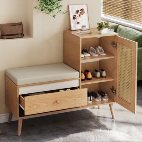 Banc à chaussures avec coussin, meuble d’entrée avec 1 porte effet rotin, 1 tiroir et niche ouverte, 95,5 x 35 x 80,5 cm, naturel