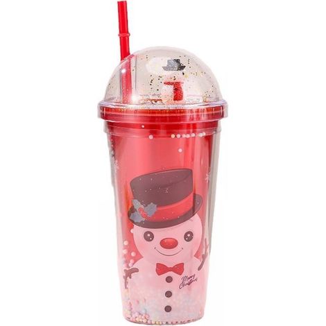 Gobelet Réutilisable - Double Paroi - 450 ml - Motif Noël Bonhomme De Neige - Avec Paille Et Couvercle Étanche - Pour Enfants Et Adultes