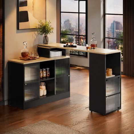 Mesa de bar extensible con almacenaje, 155 x 40 x 90 cm, MDF y vidrio, negro HAVRYA (1/5)