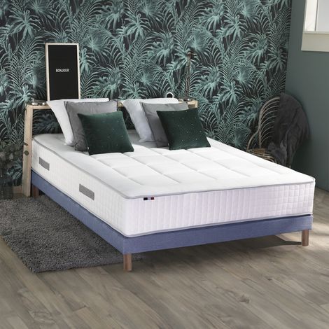 Ensemble matelas Ressort 7 zones + sommier + oreiller + couette FABRICATION FRANCAISE 140 x 190 Sommier Bleu denim (1/5)