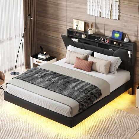 Lit coffre double adulte 160x200 cm avec tête de lit réglable, tête de lit rembourrée avec rangement, rangement hydraulique, ports de charge et éclairage LED, similicuir noir (1/5)