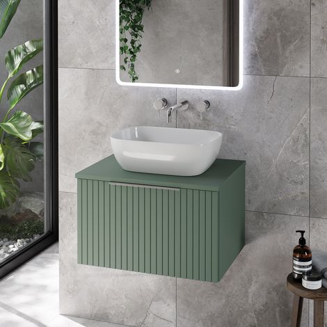 Helix 460 Fluted Satin Green 600mm Wall Mounted 1 Drawer Vanity Unit for Countertop Basins