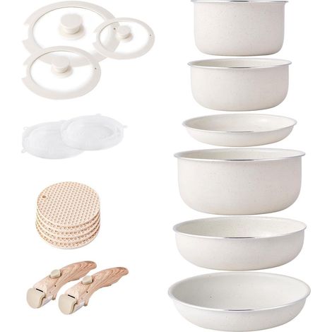 Set de casseroles et poêles induction antiadhésives avec poignées amovibles, empilables, beige (1/5)