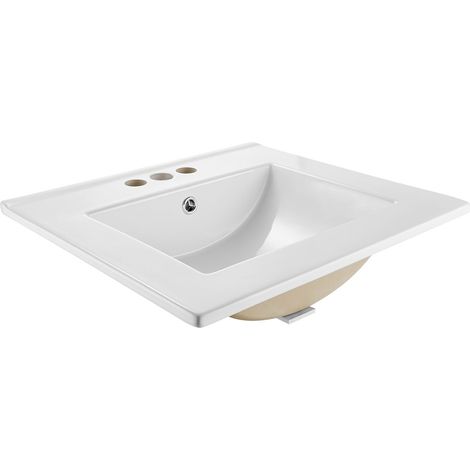 Lavabo de salle de bain semi-encastré, vasque rectangulaire en céramique blanche 510 x 465 mm avec trop-plein et 3 trous de robinet, évier moderne à encastrer, pour petit espace, maison et hôtel (1/5)