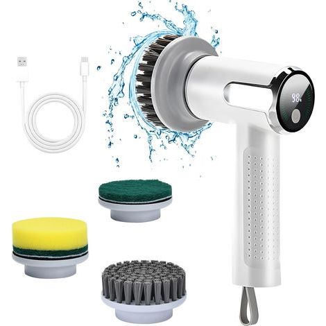 Brosse Nettoyage Electrique avec 3 têtes de Brosse, 2 Vitesses, Batterie 3000mAh, avec écran LCD et Harnais, Brosse de Nettoyage pour Carreaux, douches, Verre, Salle de Bain (1/5)