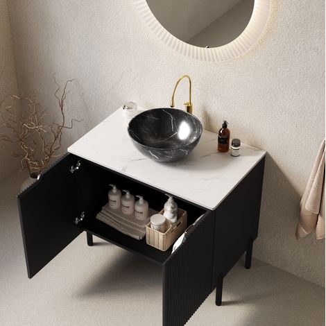 Mueble de baño con lavabo de pie 76 cm estilo romántico francés, negro, encimera de piedra sinterizada blanca, 2 puertas (1/5)