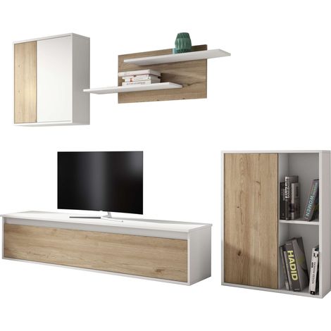 Conjunto de Mueble Salón Comedor Legos 3 Módulos Color Blanco Mate y Roble Naturale Estanterías y Almacenaje 220 cm (1/5)