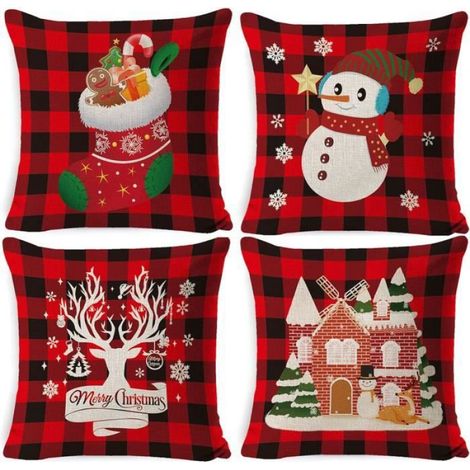 Taie D Oreiller - Lin Respirant - Motifs Noel - 45x45 Cm - Set De 4 (1/4)