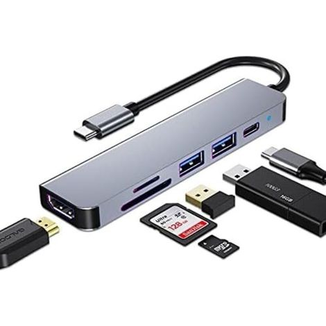 HUB USB C, adaptateur USB C multiport, concentrateur dongle 6 en 1 avec HDMI 4K, USB 3.0, lecteur de carte SD/TF, PD 100 W