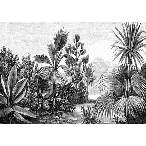 papier peint panoramique paysage tropical noir et blanc - ESTAhome (1/4)