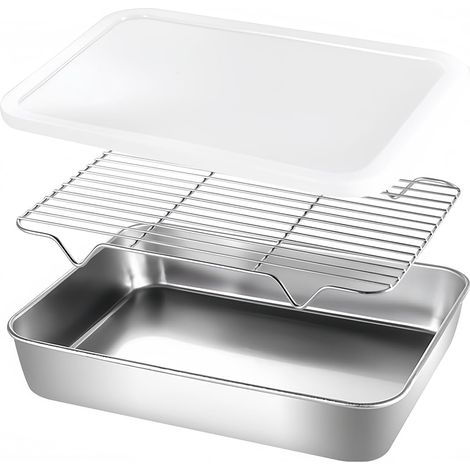 Plaque de cuisson avec couvercle, plaque de cuisson avec grille de refroidissement, petite plaque de cuisson avec grille en acier inoxydable pour four, rôtir, servir, grille de refroidissement (31 x (1/5)