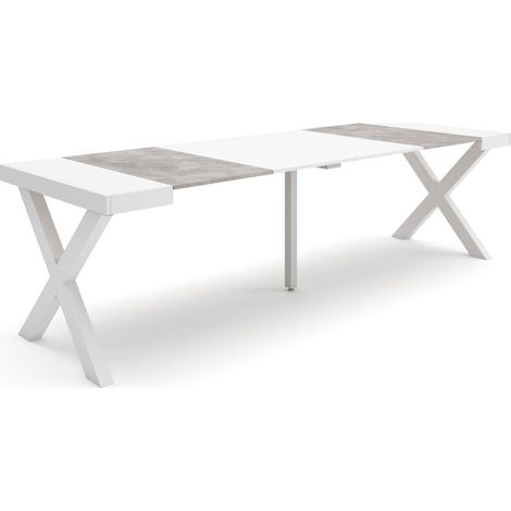 Skraut Home - Table console extensible, Console meuble, 260, Pour 12 personnes, Pieds bois massif, Style moderne, Blanc et Gris Ciment (1/5)