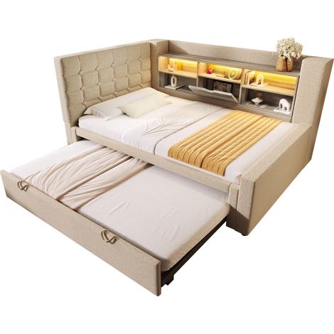 Cama tapizada 90x200 cm con cama nido 90x190, LED, cabecero en L, beige HOMVRA (1/5)