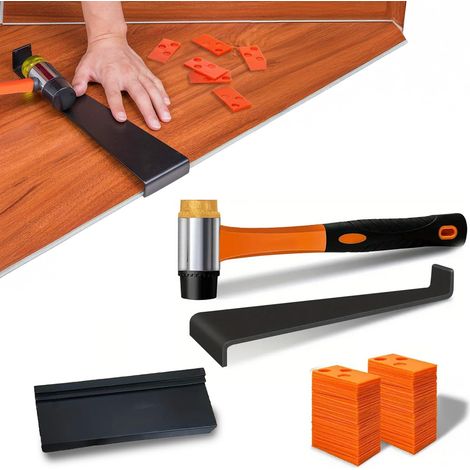 Kit de 43 pièces pour sol stratifié avec marteau ergonomique, entretoises en coin, bloc de butée et tireur pour installation précise et ordonnée (1/5)