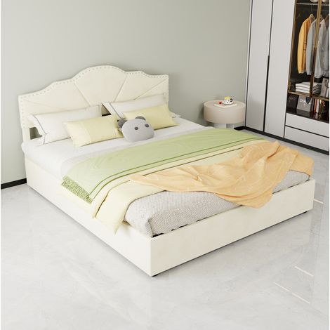 Cama doble tapizada con almacenaje beige 160x200 OKMYHOME (1/5)