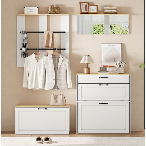 MEUBLIV Mueble de entrada modular 156x36x176 cm blanco y madera – almacenaje mural (1/5)