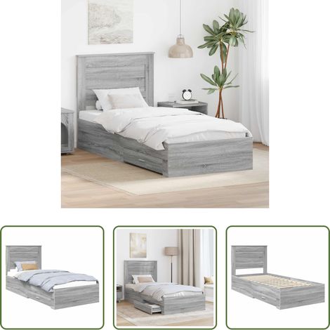 vidaXL Cadre de lit moderne - Cadre de lit avec tiroir Sonoma Gris et Argent 75 x 190 cm (1/5)