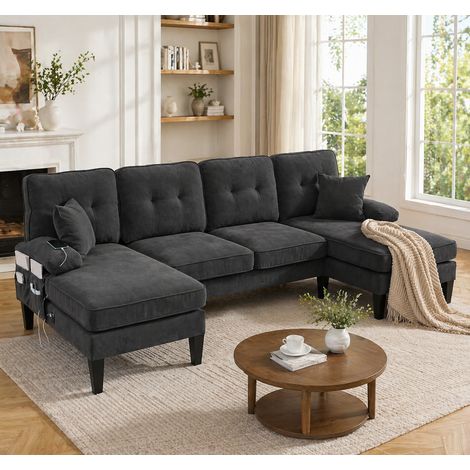 Großes U-förmiges 4-Sitzer Sofa aus weichem Leinenstoff, moderne Rückenlehne,mit zwei Chaise-Lounges,stabile Füße und kuschelige Sitzkissen mit Dekokissen – elegant für jedes Wohnzimmer.Dunkelgrau (1/5)