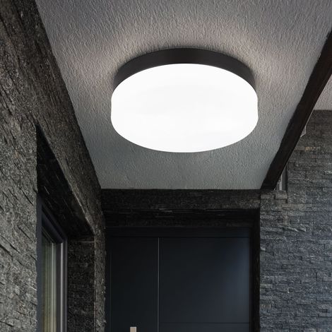 LED Deckenleuchte Glas weiß Außenlampe Balkonleuchte schwarz Deckenlampe Außen, 9W 810lm warmweiß, DxH 18,4x6,5 cm