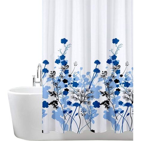 Rideau imperméable pour rideau de séparation de salle de bain (fleur bleu) (1/3)